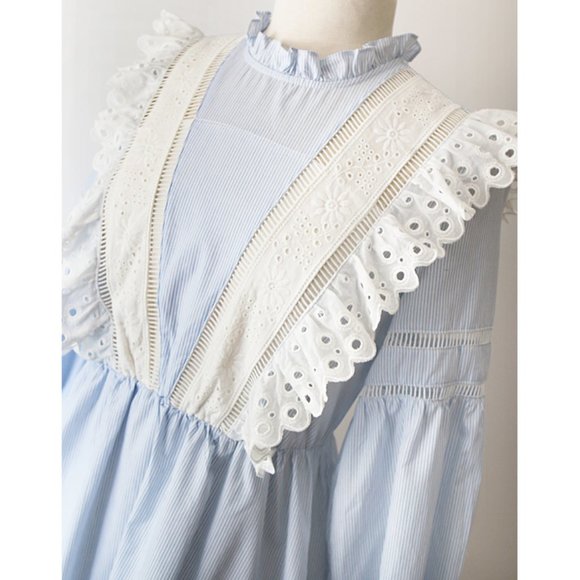 Blue Striped Cotton Eyelet Embroidery Ruffle Dress - Picture 2 of 8